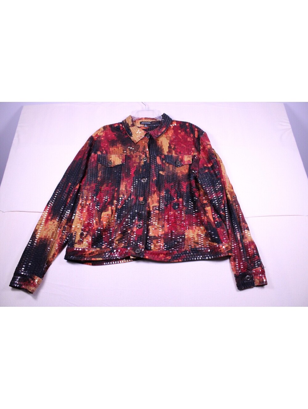 Notations Vintage Sequin Abstract Trucker Jacket Fire Print XL